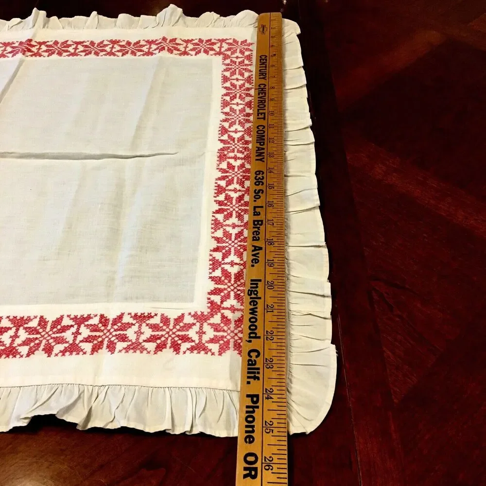 Antique Vintage Table Topper With Ruffle White With Country Pink Embroidery